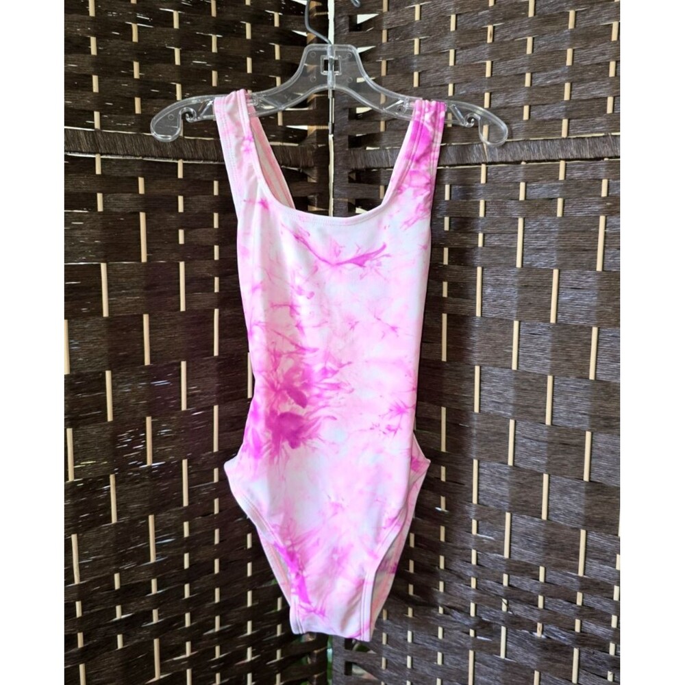 Vintage 2000s Girls Pink Tie Dye Leotard Swimsuit Size S 6-7 Cross Back Keyhole
